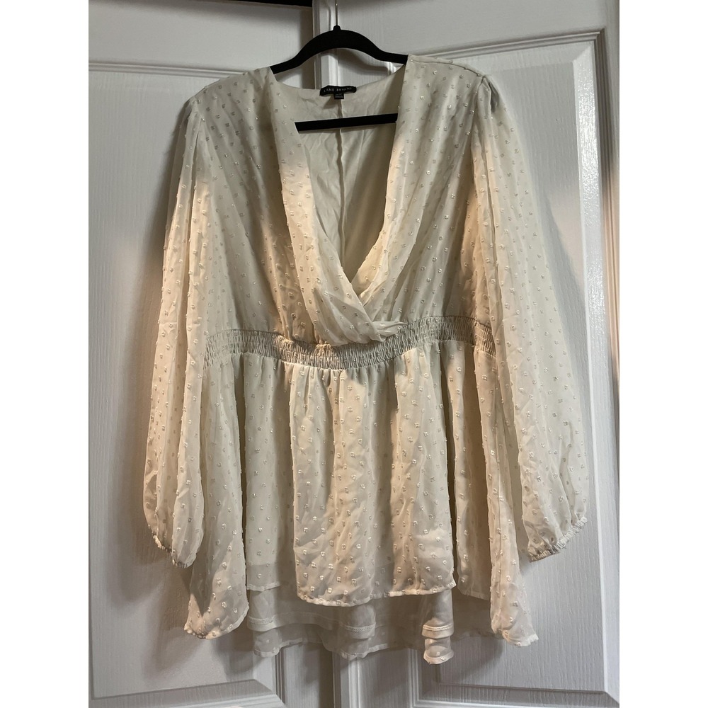 Lane Bryant Blouse Womens 18/20 White Swiss Dot Surplice Peplum Long Sleeve